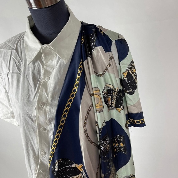 Asymmetrical Button-up Scarf Sleeve Tunic Blouse - Picture 12 of 12